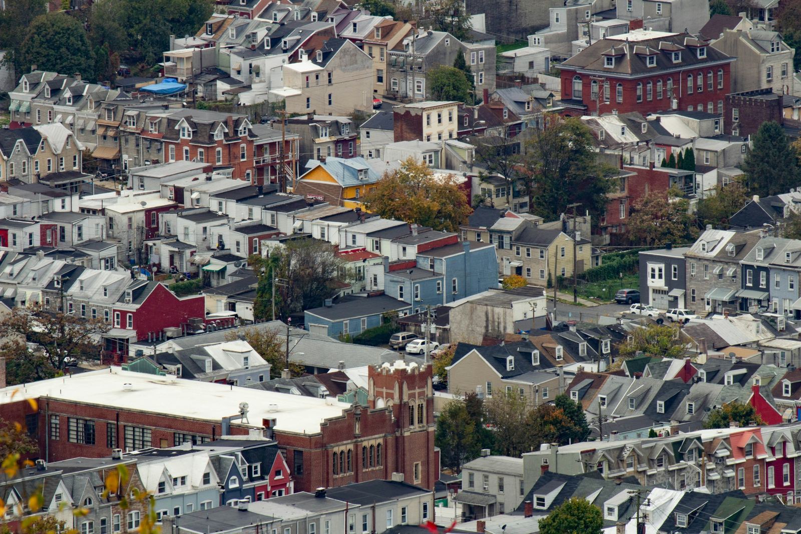 Hillside of tightly packed rowhouses in Reading, Pennsylvania